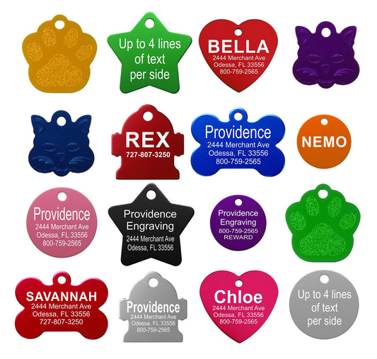 Providence Engraving Pet ID Tags Small or Large Personalized Anodized Aluminum Pet Tags in Bone, Round, Star, Heart, Hydrant, Paw and Cat Face